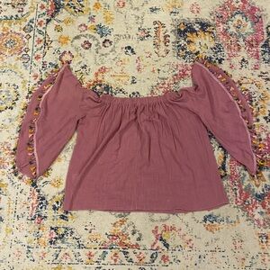 Easel Mauve Off-Shoulder Blouse with Embroidered Sleeves